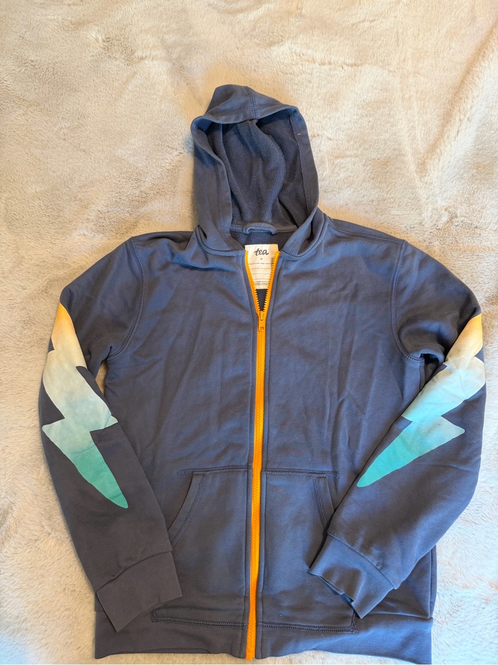 Tea Collection Navy Zip Hoodie with Yellow Zipper and Gradient Lightning Sleeves